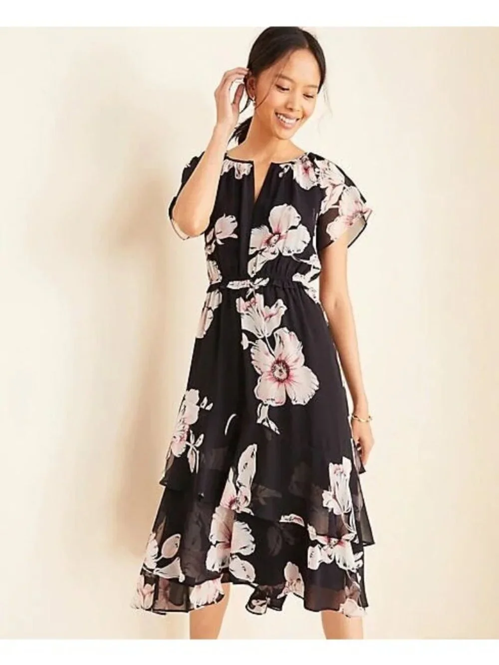 NEW Ann Taylor Blue Floral Tiered Ruffle Midi Dress Flowy Size 12 Women's